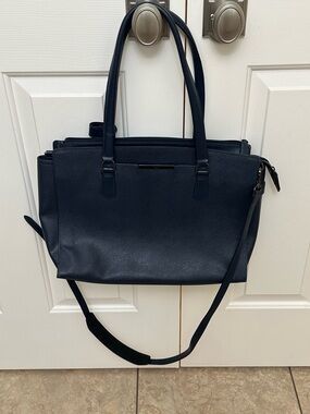 Tumi Navy Leather Laptop Tote with handles and shoulder strap